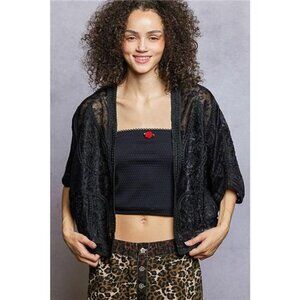 POL Open Front Crochet Cardigan with Floral Embroidery